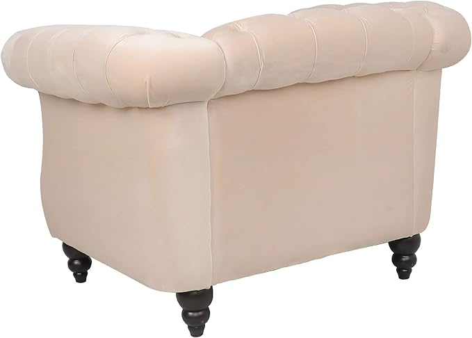 LEVNARY Velvet Chesterfield Chair, Mid-Century Modern Single Sofa Chair with Button Tufted Backrest and Nailhead Decor, Tufted Upholstered Rolled Armchair for Home Bedroom Reading Room (Beige)