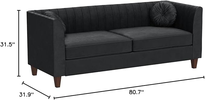 Arvilla Velvet Sofa with Bolster Pillows, Soft Upholstery, Mid Century Modern Design, Chesterfield-Inspired Couch for Living Rooms, Midnight