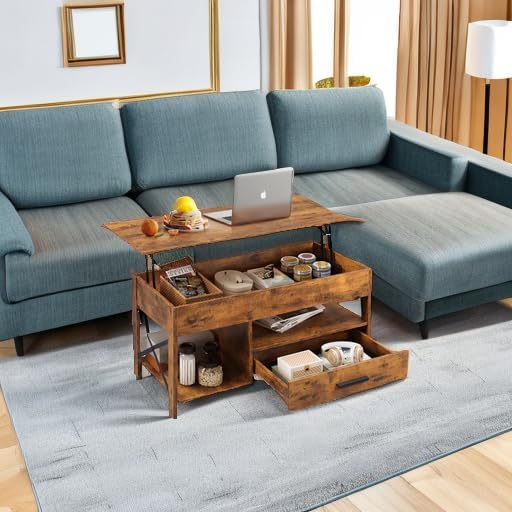 WLIVE Coffee Table, 39" Lift Top Coffee Table with Hidden Compartment, Storage Drawers and Storage Shelf for Living Room, Reception Room, Rustic Brown