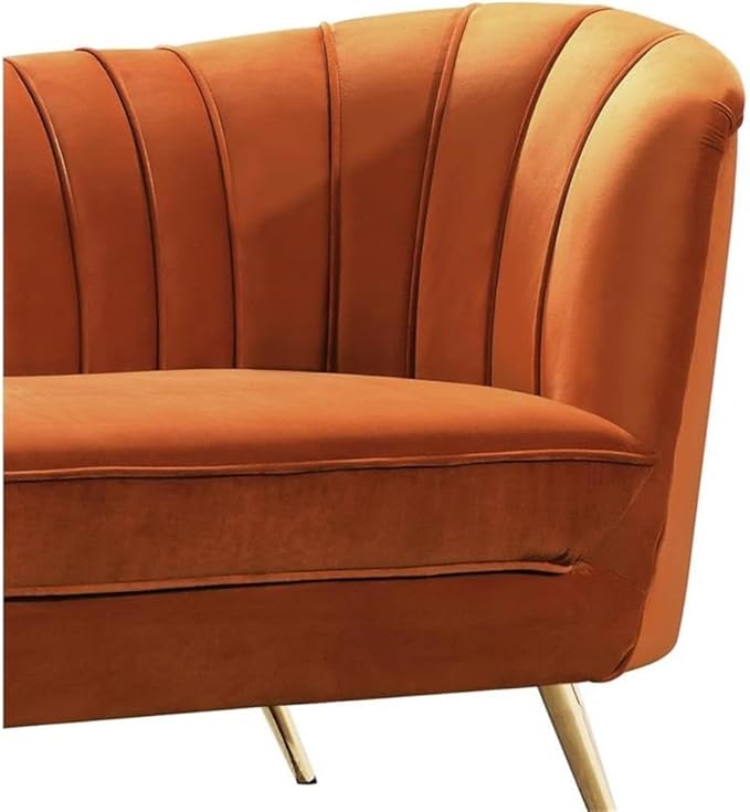 Meridian Furniture Margo Collection Modern | Contemporary Velvet Upholstered Loveseat with Deep Channel Tufting and Rich Gold Stainless Steel Legs, Cognac, 65" W x 30" D x 33" H