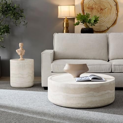 15.74" Round Coffee Table in Faux Marble, Stone Coffee Table, Modern Fiberglass Side Table, Minimalist End Coffee Table for Living Room, No Assembly.