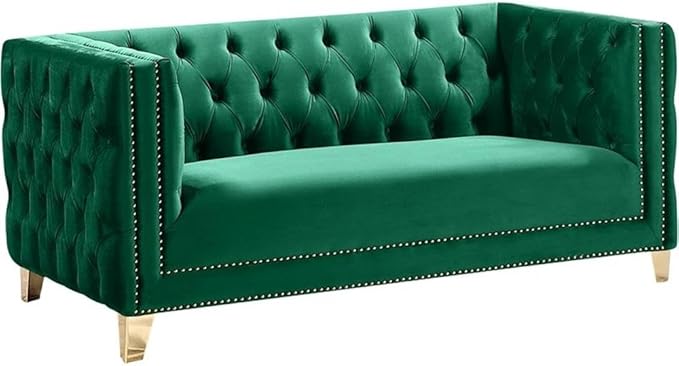 Meridian Furniture 652Green-L Michelle Collection Modern | Contemporary Loveseat with Deep Button Tufting, Gold Nailhead Trim and Sturdy Gold Iron Legs, Green Velvet, 66" W x 34" D x 30" H