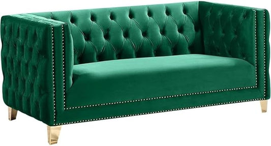 Meridian Furniture 652Green-L Michelle Collection Modern | Contemporary Loveseat with Deep Button Tufting, Gold Nailhead Trim and Sturdy Gold Iron Legs, Green Velvet, 66" W x 34" D x 30" H