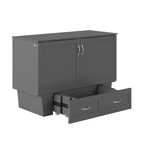 AFI, Chelsea Mid-Century Modern Full Wood Murphy Bed Chest with 6" Mattress, Storage Drawer & Built-in USB Charger, Grey