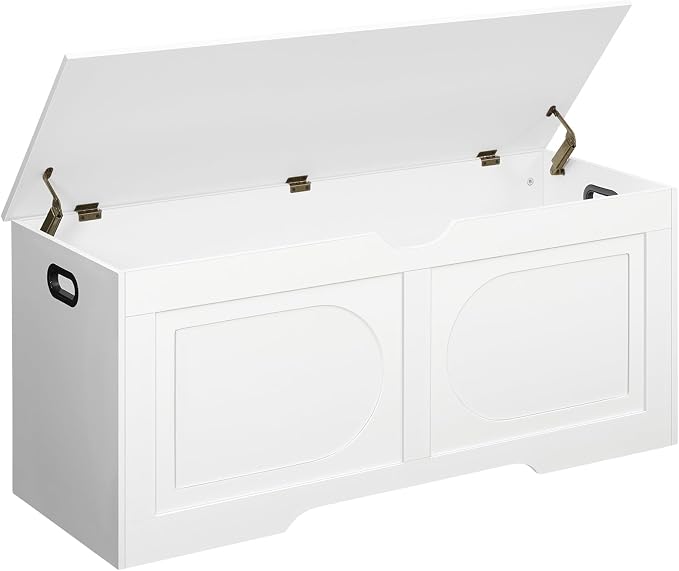 MAHANCRIS Storage Chest, 43.3” Toy Box, Entryway Storage Trunk, Shoe Bench with Storage, Engineered Wood Storage Cabinet with 2 Safety Hinges, Entrance Bench for Living Room, White SCWT2101 by MAHANCRIS