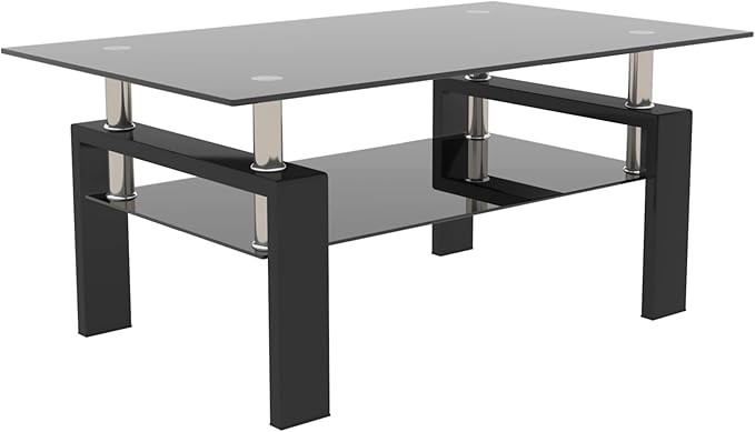 38.6'' Rectangle Glass Coffee Table, Black Coffee Table with Tempered Glass & Metal Legs, 2-Tier Modern Center Table with Storage Shelf, Black Glass Coffee Tables for Living Room, Apartment, Office