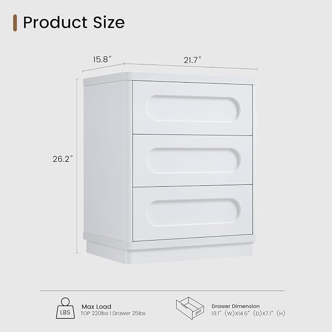 26.2" Tall Nightstand, 21.7" W Night Stand with 3 Storage Drawers, Wood Beside Table, Rounded Corner Design for Bedroom（White） - Image 2