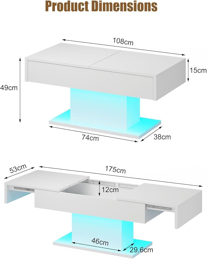 White Modern Coffee Table with Hidden Storage for Living Room, Living Room Table Rectangular Center Tables Sliding Top with LED Lights, Wooden Cocktail Table for Reception Room