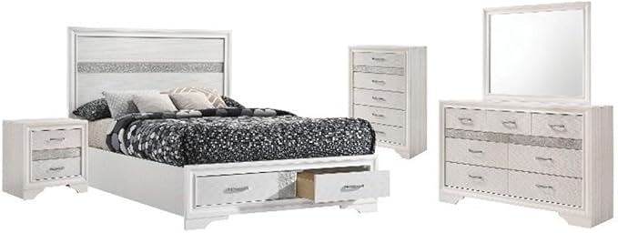 Stonecroft Furniture 5-Piece Wood Queen Storage Bedroom Set with Queen Size Bed / 2-Drawer Nightstand / 7-Drawer Dresser / 5-Drawer Chest / 36" x 46" Mirror in Pristine White Finish