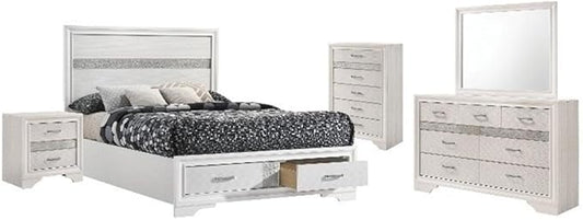 Stonecroft Furniture 5-Piece Wood Queen Storage Bedroom Set with Queen Size Bed / 2-Drawer Nightstand / 7-Drawer Dresser / 5-Drawer Chest / 36" x 46" Mirror in Pristine White Finish
