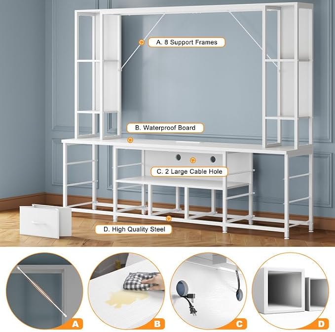 EnHomee 78.6" TV Stand for Living Room, Large Entertainment Center with 11 Fabric Drawers, 2 LED Lights & Power Outlets, Modern Dresser with Storage Shelves, Wall Unit for Bedroom, White - Image 7