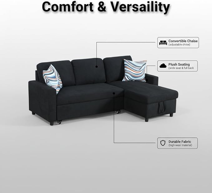 Sectional Sleeper Sofa with Pull Out Bed, L Shaped Pull Out Couch with Storage Chaise, 3 Seats Convertible Couch Bed for Apartment, Living Room, Black