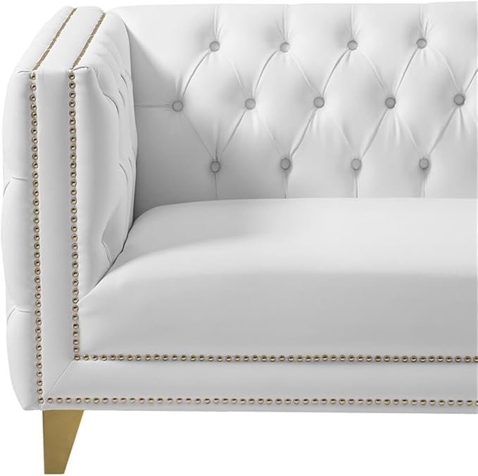 Meridian Furniture 651White-S Michelle Collection Modern | Contemporary Sofa with Deep Button Tufting, Gold Nailhead Trim and Sturdy Gold Iron Legs, White Vegan Leather, 90" W x 34" D x 30" H