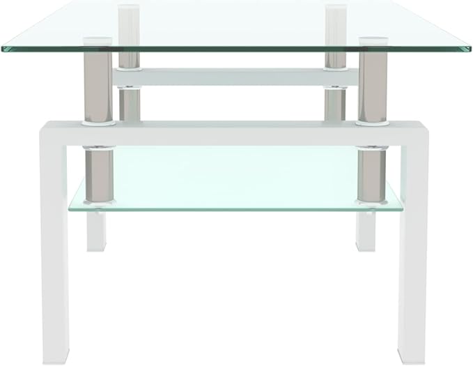 Rectangle Glass Coffee Table, Clear Coffee Table Modern Side Center Tables Furniture for Living Room,White