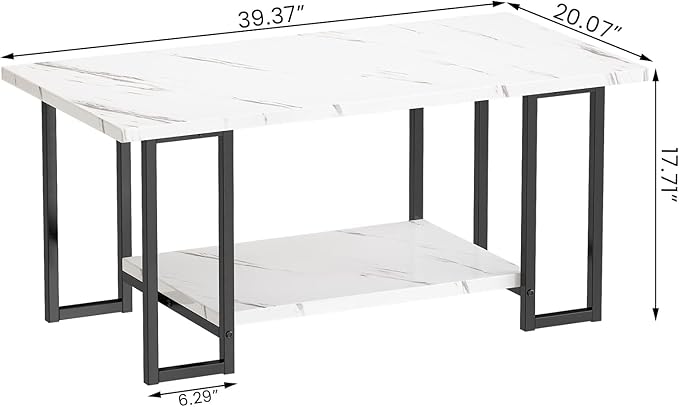 Lamerge Coffee Table, Modern Faux Marble Top Coffee Table with Metal Frame and Storage Shelf, 2-Tier Rectangle Accent Cocktail Table for Living Room, Office (White)
