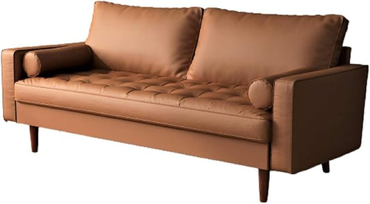 Womble Mid Century Modern Couch with Bolster Pillows, PU Leather Upholstered Tufted Seat, Versatile Retro Design for Comfortable Living Spaces, Sofa, Coffee Brown