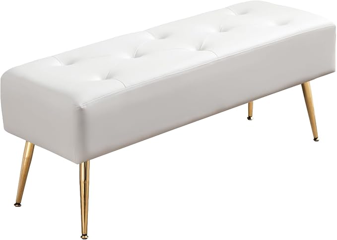 Furnimart Upholstered Tufted White Bench Ottoman with Padded Seat, Footrest Foot Stool with Sturdy Metal Leg, White Leather Bench for Bedroom Living Room Entryway by FurnimartFurniture