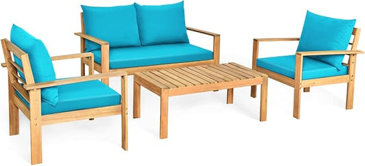 Tangkula Outdoor 4-Piece Acacia Wood Chat Set, 4 Seater Acacia Wood Conversation Sofa and Table Set with Water Resistant Cushions, Teak Finished (1, Turquoise)