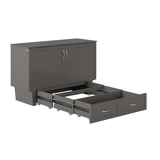 AFI, Chelsea Mid-Century Modern Queen Solid Wood Murphy Bed Chest with 6" Mattress, Storage Drawer & Built-in USB Charger, Grey