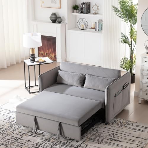 3 in 1 Pull Out Sofa Bed, Convertible Loveseat Couch with Side Pockets, Velvet Fabric Sleeper Sofa Bed with Adjustable Backrest for Living Room, Bedroom, Apartment, RV, Gray