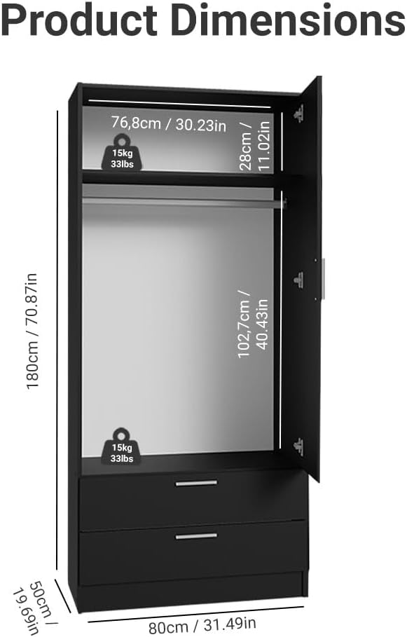 Madesa 2 Door 2 Drawer Storage Cabinet Wardrobe with Shelf and Hanging Space 31" L Wooden Armoire Closet Organization Unit for Bedroom and Office - Black