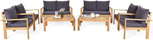 Tangkula Outdoor 8-Piece Acacia Wood Chat Set, 8 Seater Acacia Wood Conversation Sofa and Table Set, Teak Finished (2, Grey)