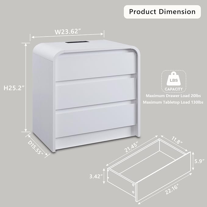Aitjunz 25" Tall Modern Nightstand with Charging Station, 23.6'' Wide Wood Bedside Table w/3 Storage Drawers, Small Dresser w/Curved Profile Design, End Table for Bedroom, White - Image 2