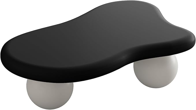 40” Cloud Coffee Table with 3 Ball Legs, Modern Irregular Center Table for Living Room, Low Cute Small MDF Tea Table for Bedroom, Space Apartment-Black White