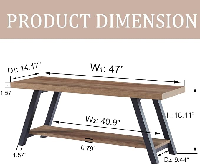 LVB Industrial Entryway Bench, Wood and Metal Storage Bench for Living Dining Room, Farmhouse Indoor Entry Way Shoe Benches Seat, Rustic Oak, 47 Inch Long - Image 2