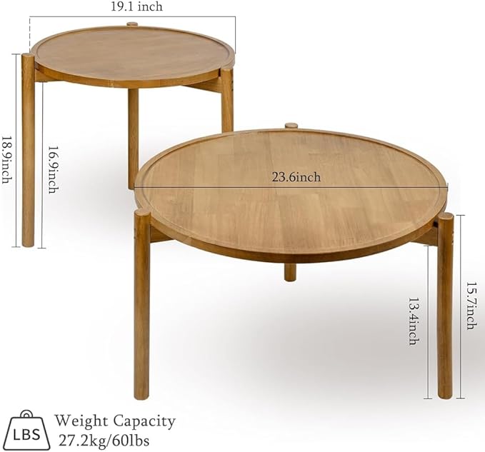 Wooden Round Nesting Coffee Tables Set of 2,Round End Table,Small Nesting Tables,Side Table,for for Living Room Bedroom Balcony by Solid Wood