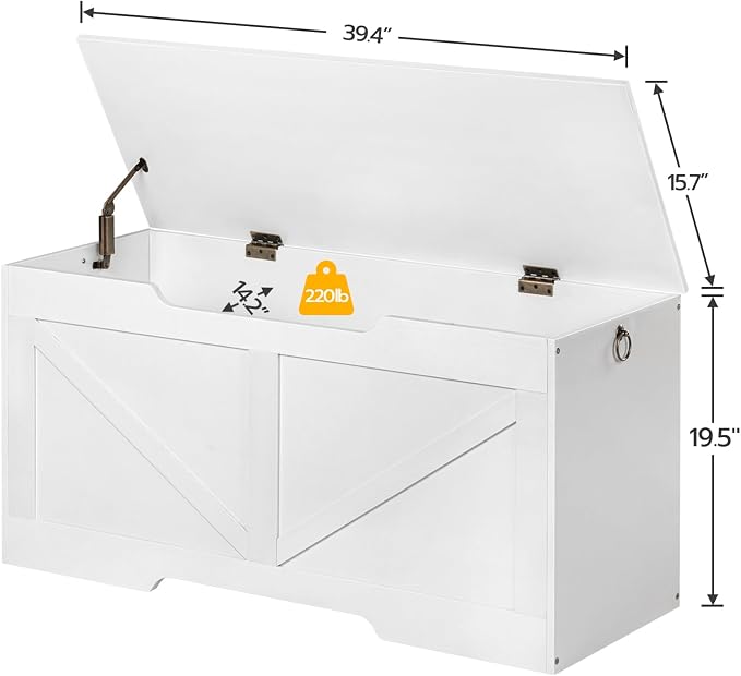 HOOBRO Storage Bench, 39.4” Retro Wooden Storage Chest with U-Shaped Cut-Out Pull, Safety Hinge, Supports 220 lb and Easy Assembly for Toy Box Organizer (White) WT771CW01 - Image 9