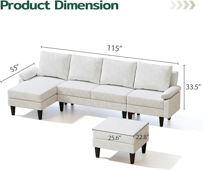 115 Inch Modular Sectional Sofa with Storage Ottoman, Modern L-Shaped Sectional Couch with Chaise, Chenille Couch for Living Room, Apartment or Small Spaces, Off-White