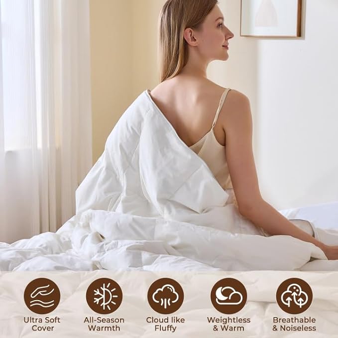 puredown® Goose Feather Down Comforter King Size - All Season Duvet Insert Ultra Fluffy Soft 100% Cotton Shell Cover, Luxurious Hotel Collection Comforters 500 Thread with Ties(Stripe White, 106x90'')