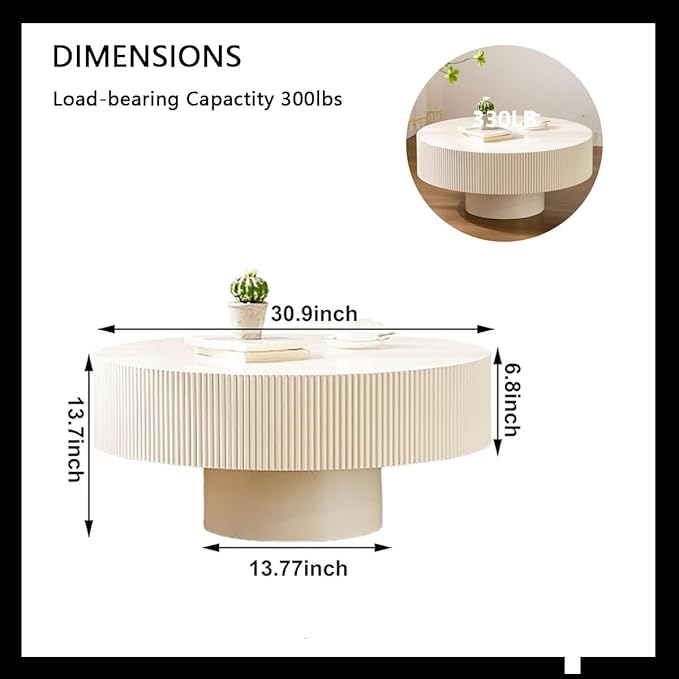 Round Coffee Table Fluted Coffee Table Wood Drum Coffee Tables Modern Circular Coffee Tables Circle Pedestal Center Table for Living Room (White Thick Desktop)