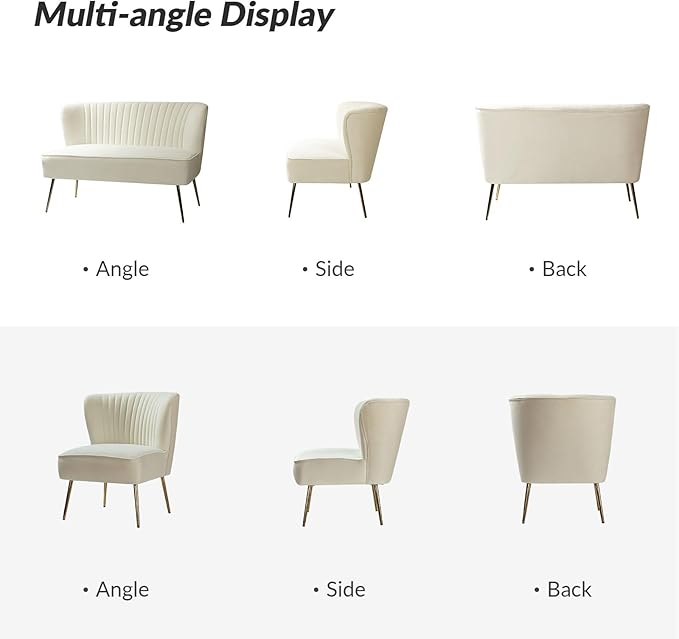 HULALA Home 3 Piece Velvet Living Room Furniture Set, Modern Comfy Upholstered Chair Set with Golden Legs, Include Loveseat & 2 Accent Chairs for Bedroom, Ivory Tufted 2-Seater Sofa & Armless Chairs
