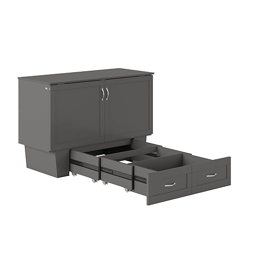 AFI, Chelsea Mid-Century Modern Full Wood Murphy Bed Chest with 6" Mattress, Storage Drawer & Built-in USB Charger, Grey