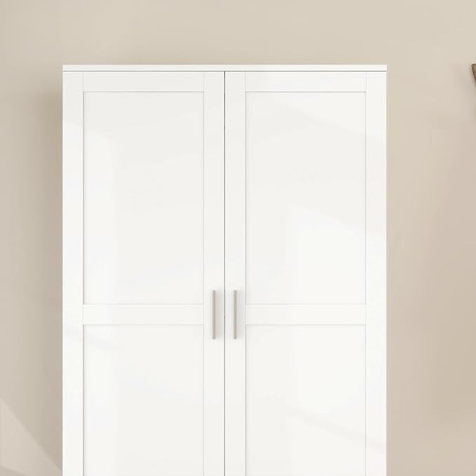 Panana Modern 2 Doors 2 Drawers Bedroom Armoires Wardrobe Clothes Storage Closet with Hanging Rod, Wooden Bedroom Freestanding Wardrobe, 31.5" W x 19.7" D x 70" H (White)