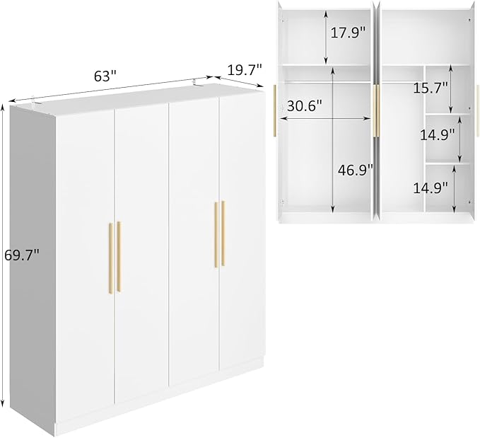 FUFU&GAGA Wardrobe Closet with 4 Doors, White Bedroom Armoire with Shelves, 2 Hanging Rods, Modern Clothes Storage Cabinet with Wood Handles for Guest Room Cloakroom, 63”W x 19.7”D x 69.7”H