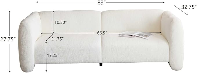 Christopher Knight Home Carine 83‘’ Sofa Couch, Cozy Boucle Fabric Upholstered 3-Seater Seating Sofa, Comfy Couches for Living Room and Office, Modern Oversized Loveseat, Curved Wave Design, White