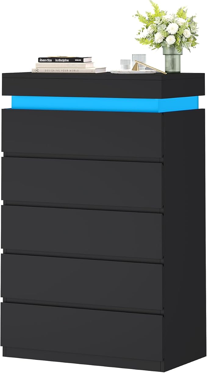 HAUOMS Tall 5 Drawer Dresser with LED Light, Black Modern Chest of Drawers for Bedroom,Closet Dressers with Drawers for Living Room, Entryway, Hallway - Image 8
