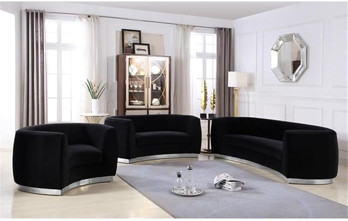 Meridian Furniture Julian Collection Modern | Contemporary Velvet Upholstered Sofa with Stainless Steel Base in Polished Chrome Finish, Black, 91.5" L x 36" D x 28" H