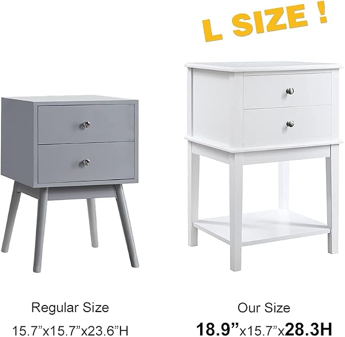 conifferism White Nightstand 2 Drawers and Storage Shelf, 28 Inch High Bedroom Night Stand, Contemporary Modern Bed Side Table, Living Room Country Cottage 19 Inch Wide End Table Metal Sliders - Image 6