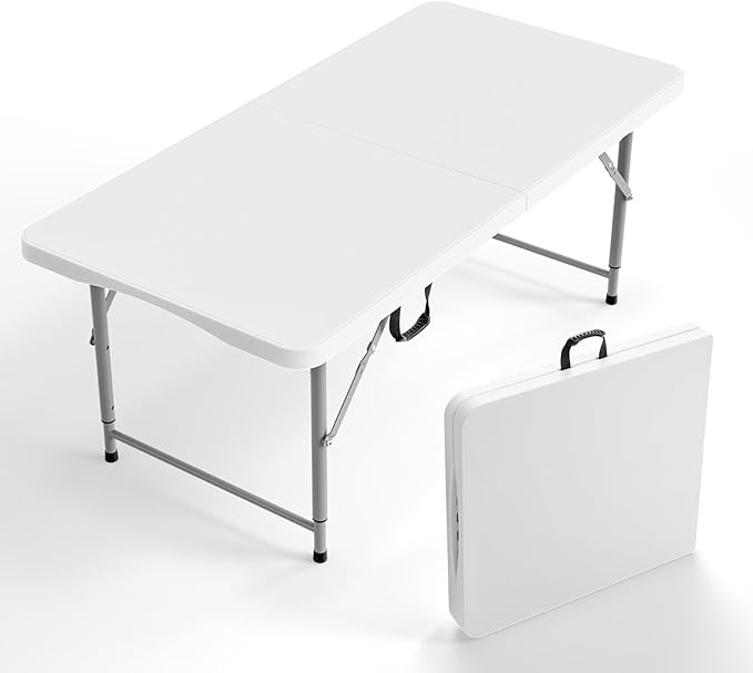 VINGLI 4 FT Plastic Folding Camping Table,3-Level Adjustable Height, Portable in/Outdoor Party Picnic Dining Desk, Garden Soccer Multipurpose Entertaining Activities，White by VINGLI
