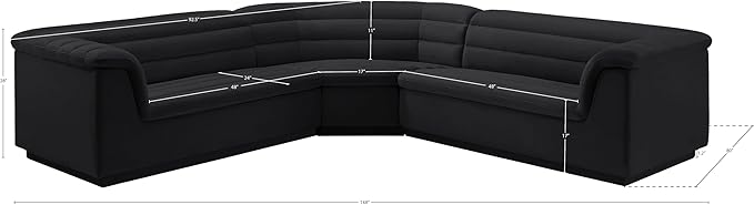 Meridian Furniture 194Black-Sectional Cascade Collection Modern | Contemporary Modular Sectional with Soft Black Velvet Fabric, Deep Channel Tufting, Curved Arms, 148" W x 80" D x 28" H, Black