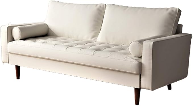 Womble Mid Century Modern Couch with Bolster Pillows, PU Leather Upholstered Tufted Seat, Versatile Retro Design for Comfortable Living Spaces, Loveseat, Sofa, Sleek White