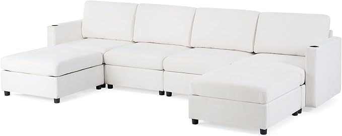 ERYE Oversized Chenille Upholstered Modular Storage Sectional Sofa Couch W/2 Movable Ottomans & Cupholders, U-Shaped Free Combined Sofa Couch Convertible Sleeper Sofabed for Living Room Apartment