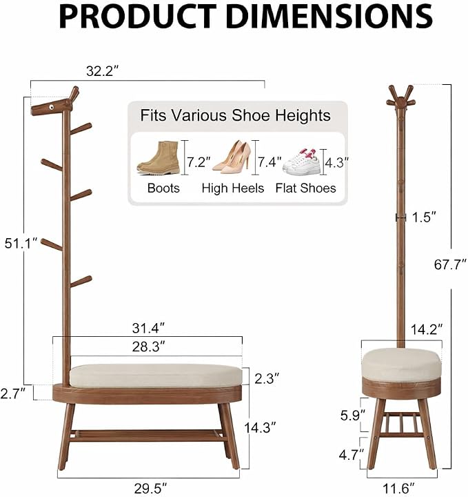AQIMUELE Entryway Shoe Rack with Coat Rack, Wooden Shoe Bench with Upholstered Cushion, 3-in-1, 2-Tier Shoe Storage and Cute Animal Hooks for Entryway, Hallway, Closet (Walnut 32.2") - Image 2