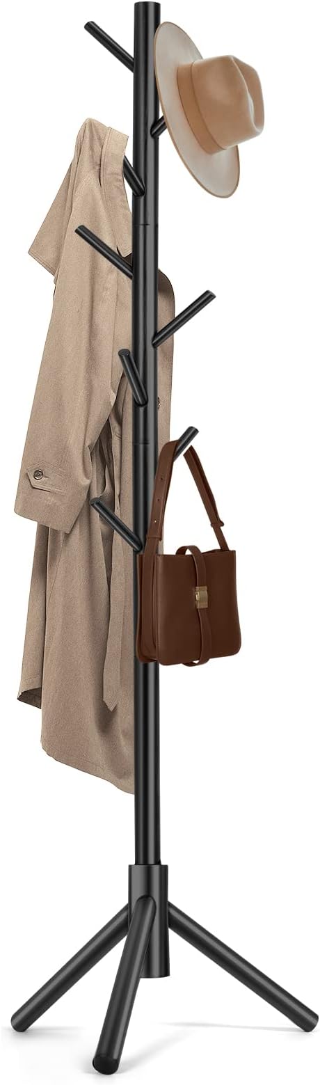Solid Wooden Coat Rack Freestanding, New Zealand Pine Coat Tree with 8 Hooks & 3 Adjustable Sizes for Coats, Hats, Handbags and Scarves, Space Saving for Entryway/Office/Bedroom (Black) by Unknown