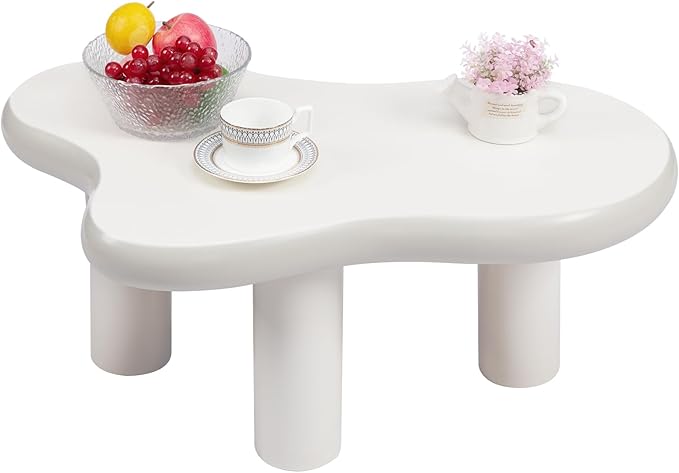 HollyHOME 34" Cloud Wood Coffee Table - 3-Leg Modern Accent Center Table for Living Room Bedroom Balcony Patio, Cream White