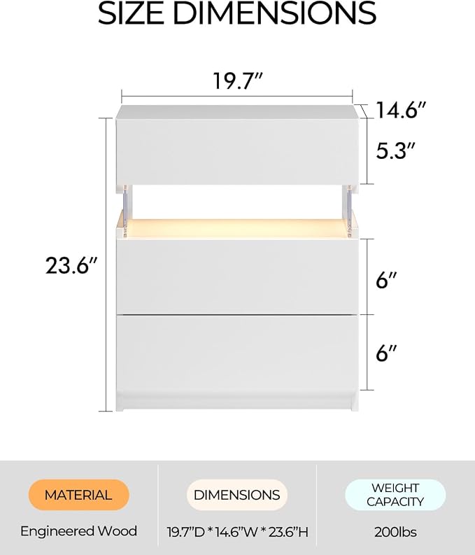 Bingoday White LED Nightstands Set of 2 Modern Night Stand Set 2 Bedside Table with 3 Drawers for Bedroom End Side Table - Image 2
